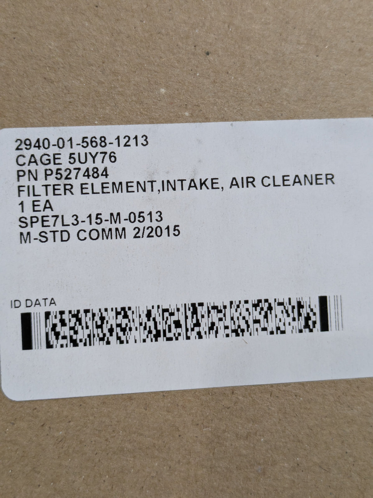 Donaldson P527484 Filter Element, Intake Air Cleaner - NSN 2940-01-568-1213 - inventory label