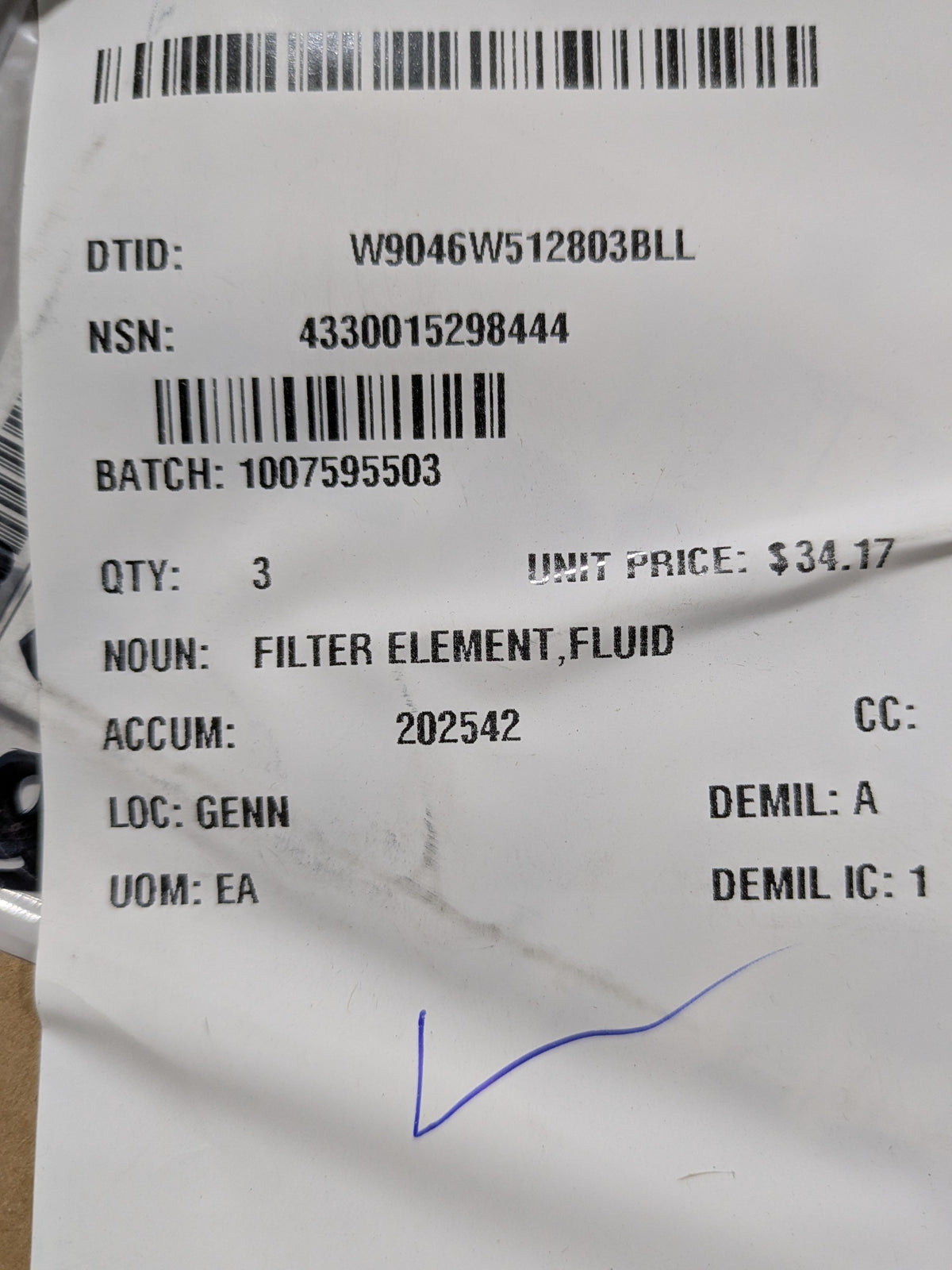 Caterpillar 1R-0773 Filter Element, Fluid - NSN 4330-01-529-8444 - inventory label