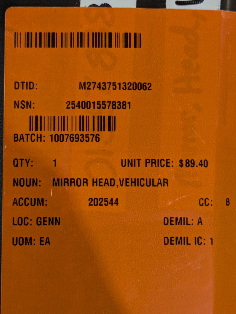 Oshkosh Defense LLC 10KP331 Mirror Head, Vehicular - NSN 2540-01-557-8381 - inventory label