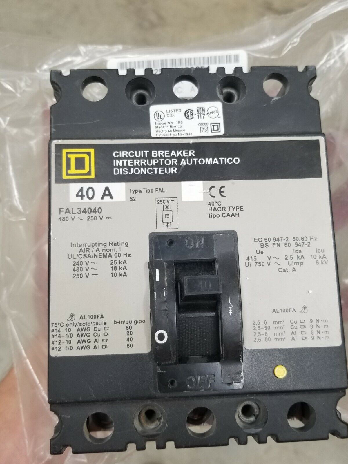 FA/LA MOLDED CASE CIRCUIT BREAKER, 480V,40A, 3P, SHUNT TRIP