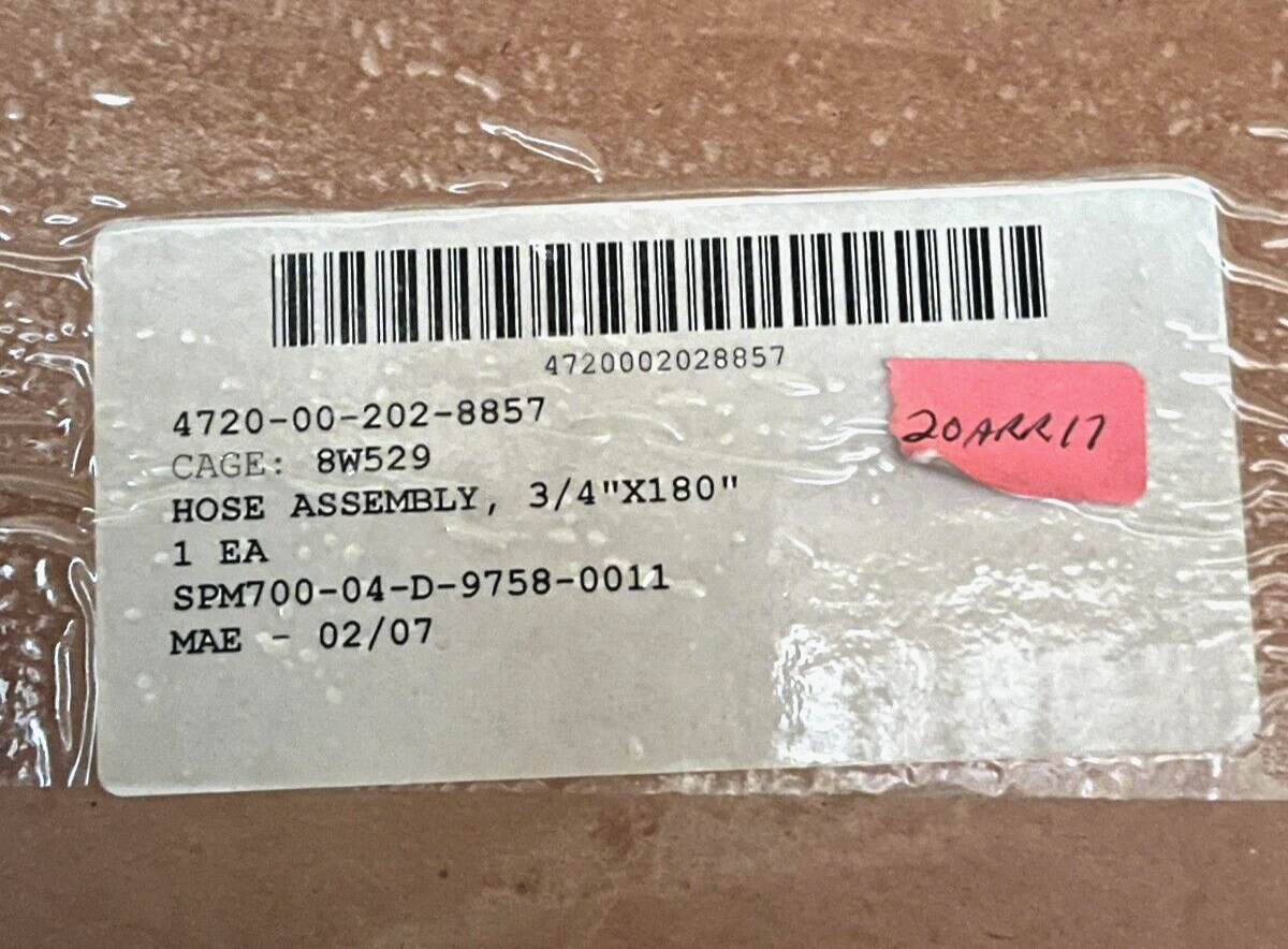 PNEUMATIC NONMETALLIC HOSE ASSEMBLY, 3/4"X180" 700Psi A-A-59565 4720-00-202-8857