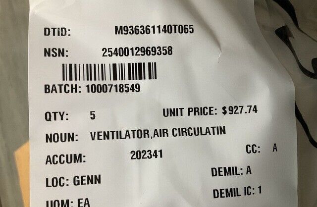M998, M997 HMMWV 12341921 AIR CIRCULATING VENTILATOR 410922 2540-01-296-9358