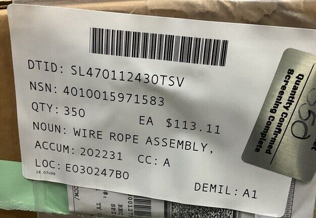 MRAP M-ATV SINGLE LEG WIRE ROPE CABLE ASSY 64.44 LENGTH 27KP914 4010-01-597-1583