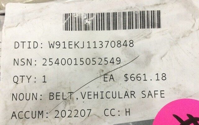 MILITARY HEMTT PLS TRUCK IMMI F13336 58" VEHICULAR SAFETY BELT 2540-01-505-2549