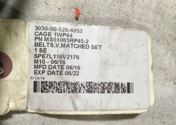 HEMTT TRUCK BELT V,MATCHED SET SAE 3/8" MS51065RP45-2 1355200 3030-00-528-6953