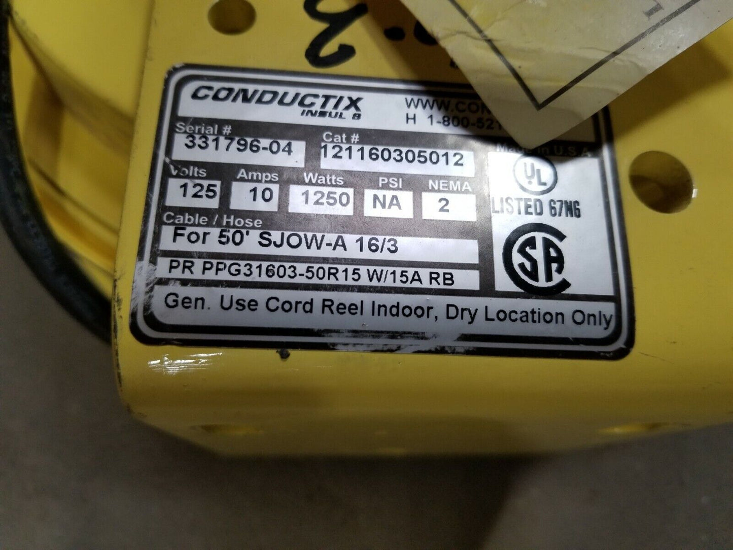1200 Series PowerReel Electrical Plug - 16AWG / Dual 15A/125V 121160305012