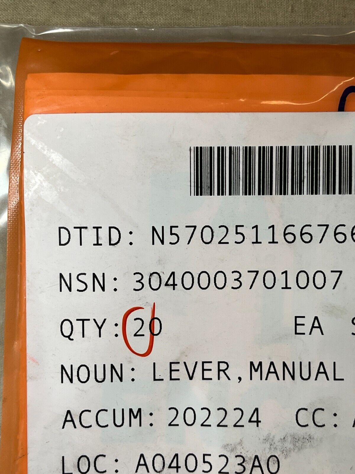 MANUAL CONTROL LEVER ASSEMBLY 150428 3040-00-370-1007 NOS