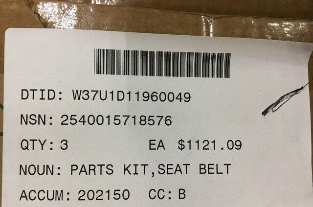M998 HUMVEE FMTV MTV 57K6027 GUNNER RESTRAINT SEAT BELT KIT 2540-01-571-8576