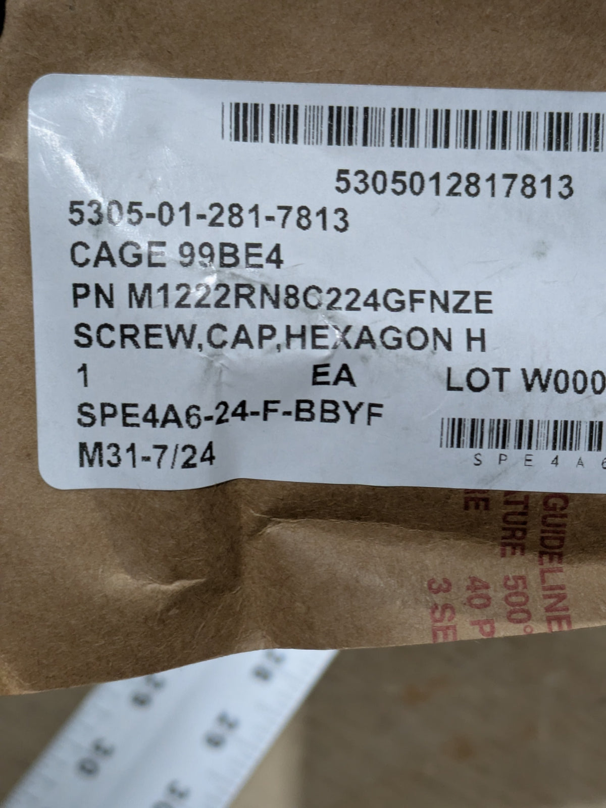 Military Specifications M1222RN8C224GFNZE Hexagon Cap Screw - NSN 5305-01-281-7813 - inventory label