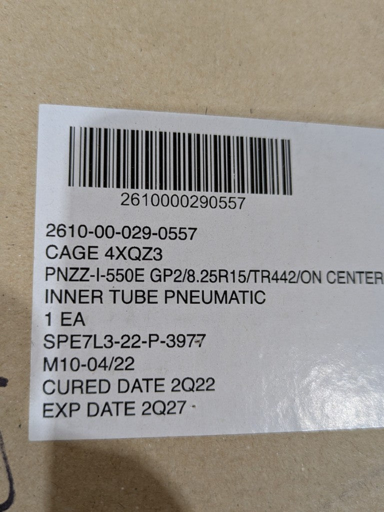 GP2/8.25R15/TR442/ON CENTER Pneumatic Inner Tube - NSN 2610-00-029-0557 - inventory label