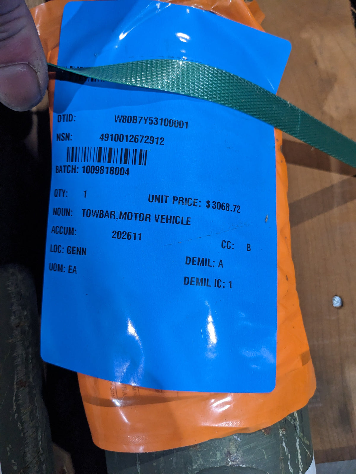 U S Army Tank-Automotive Command 12322663 Towbar, Motor Vehicle - NSN 4910-01-267-2912 - inventory label