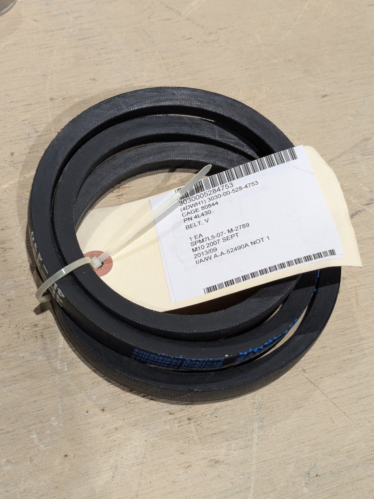 A52490-4L430 V-Belt - NSN 3030-00-528-4753 - inventory label