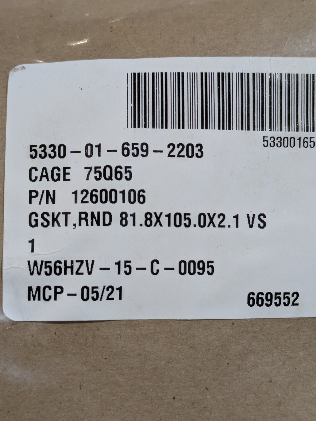Oshkosh Defense LLC Q312541-20 Gasket - NSN 5330-01-659-2203 - inventory label