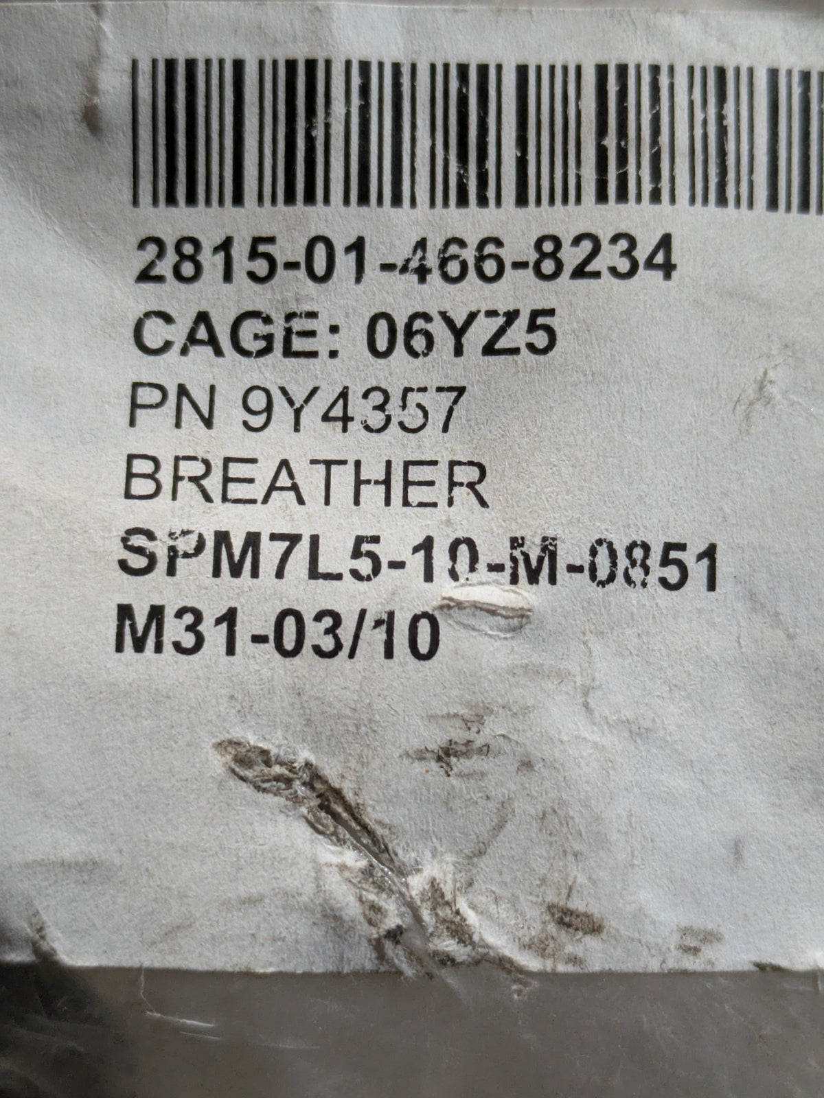Caterpillar 9Y4357 Breather - NSN 2815-01-466-8234 - inventory label