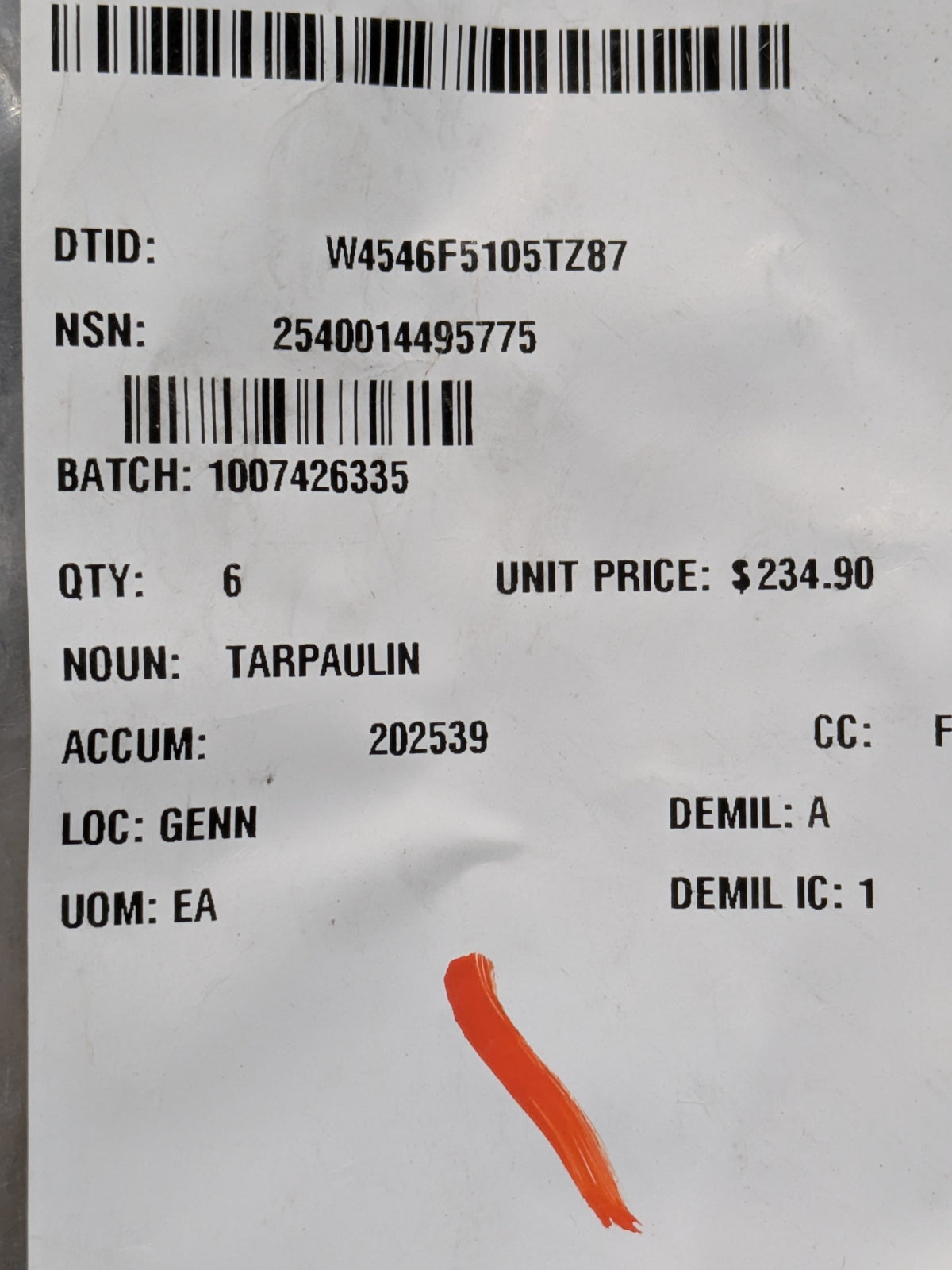 Daimler Truck North America AIN/ECT13CRY Tarpaulin - NSN 2540-01-449-5775 - inventory label