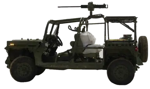 M1161 Growler light strike vehicle, left profile, rotating to three-quarter front on hover