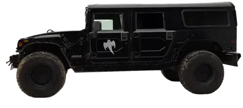 Hummer H1 four-door wagon in black, left profile, rotating to three-quarter front on hover