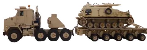 M1070 HET tractor with an M1000 trailer carrying a tracked recovery vehicle, left profile, rotating to three-quarter front on hover