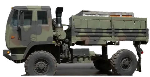 M1078 LMTV medium tactical truck, left profile, rotating to three-quarter front on hover