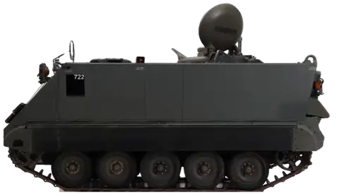 M113 armored personnel carrier, left profile, rotating to three-quarter front on hover
