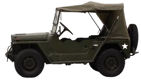 M151 MUTT quarter-ton jeep, left profile, rotating to three-quarter front on hover