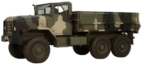 M35A3 two-and-a-half ton 6x6 cargo truck, left profile, rotating to three-quarter front on hover