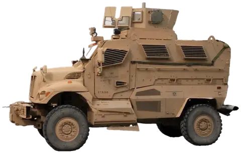 MaxxPro MRAP, left profile, rotating to three-quarter front on hover