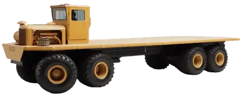 Heavy industrial 6x6 flatbed truck, left profile, rotating to three-quarter front on hover