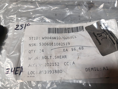 National Aerospace Standards NAS624H22 Shear Bolt - NSN 5306-01-108-2519 - inventory label