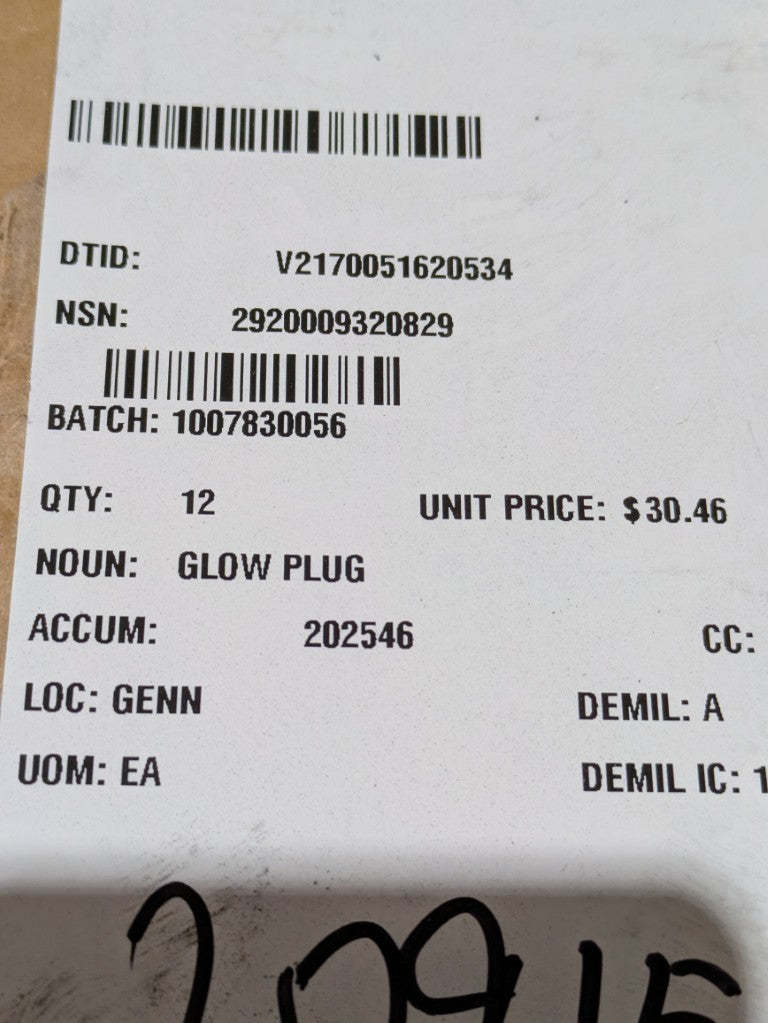 Robert Bosch LLC 1P9380 Glow Plug - NSN 2920-00-932-0829 - inventory label