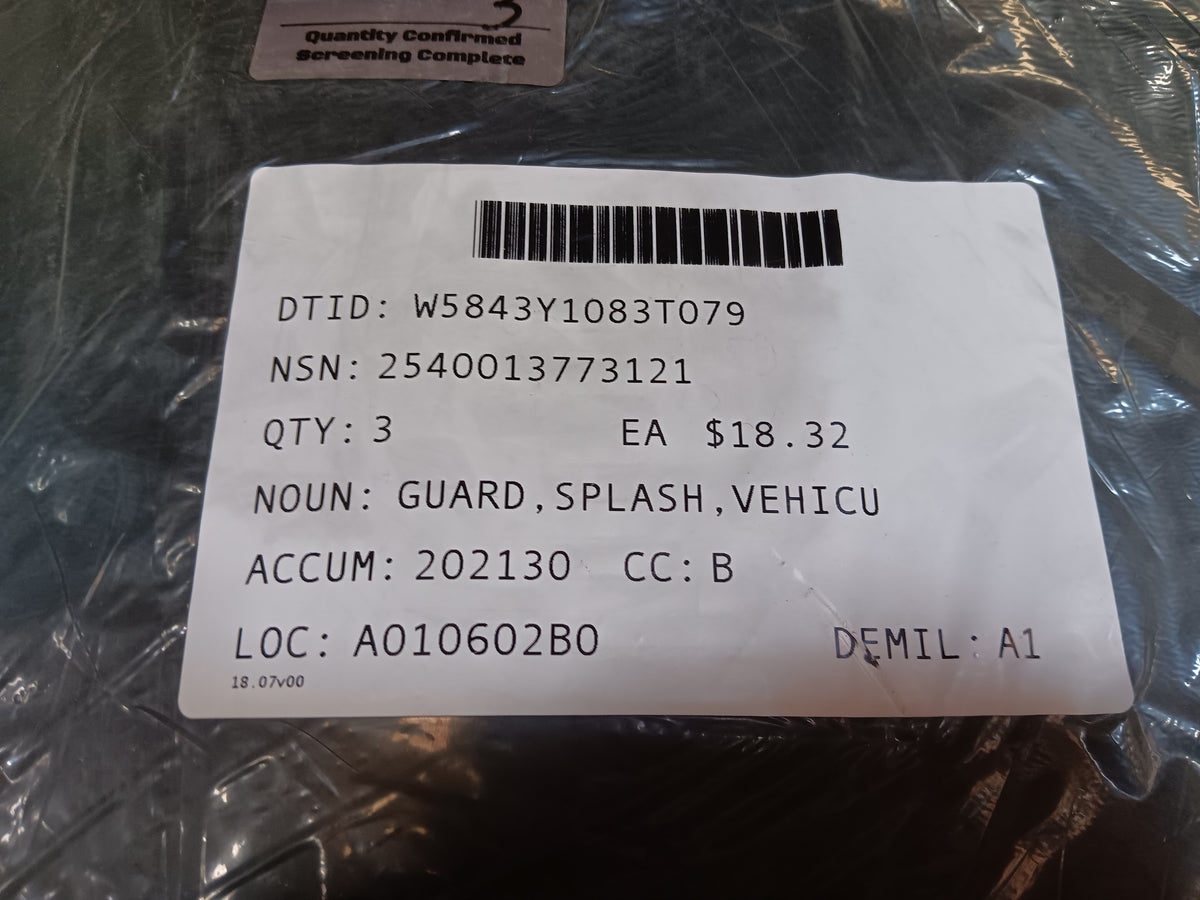 U S Army Tank Automotive Command 12417329 Splash Guard - NSN 2540-01-377-3121 - inventory label