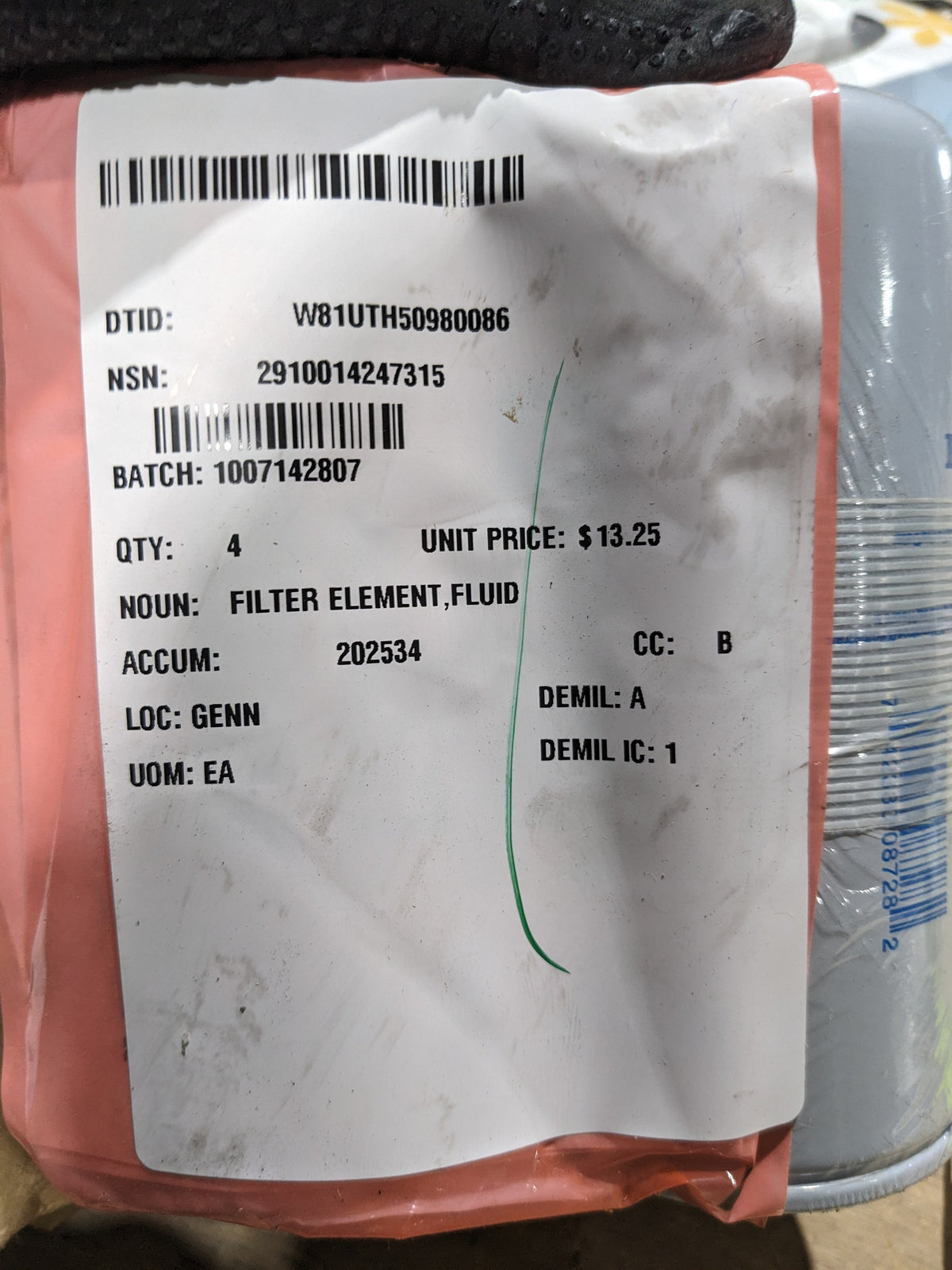Caterpillar 1R-0751 Filter Element, Fluid - NSN 2910-01-424-7315 - inventory label