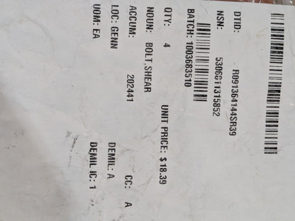 National Aerospace Standards NAS6308U18D Shear Bolt - NSN 5306-01-131-5852 - inventory label
