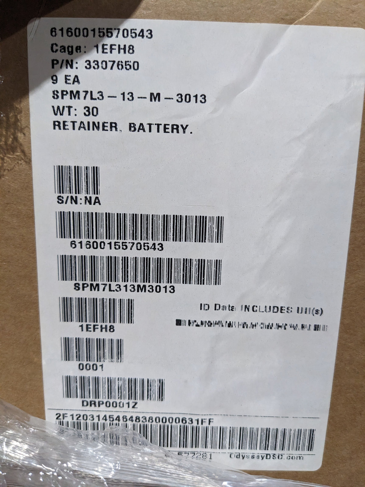 General Dynamics Land Systems 3307650 Battery Retainer - NSN 6160-01-557-0543 - inventory label