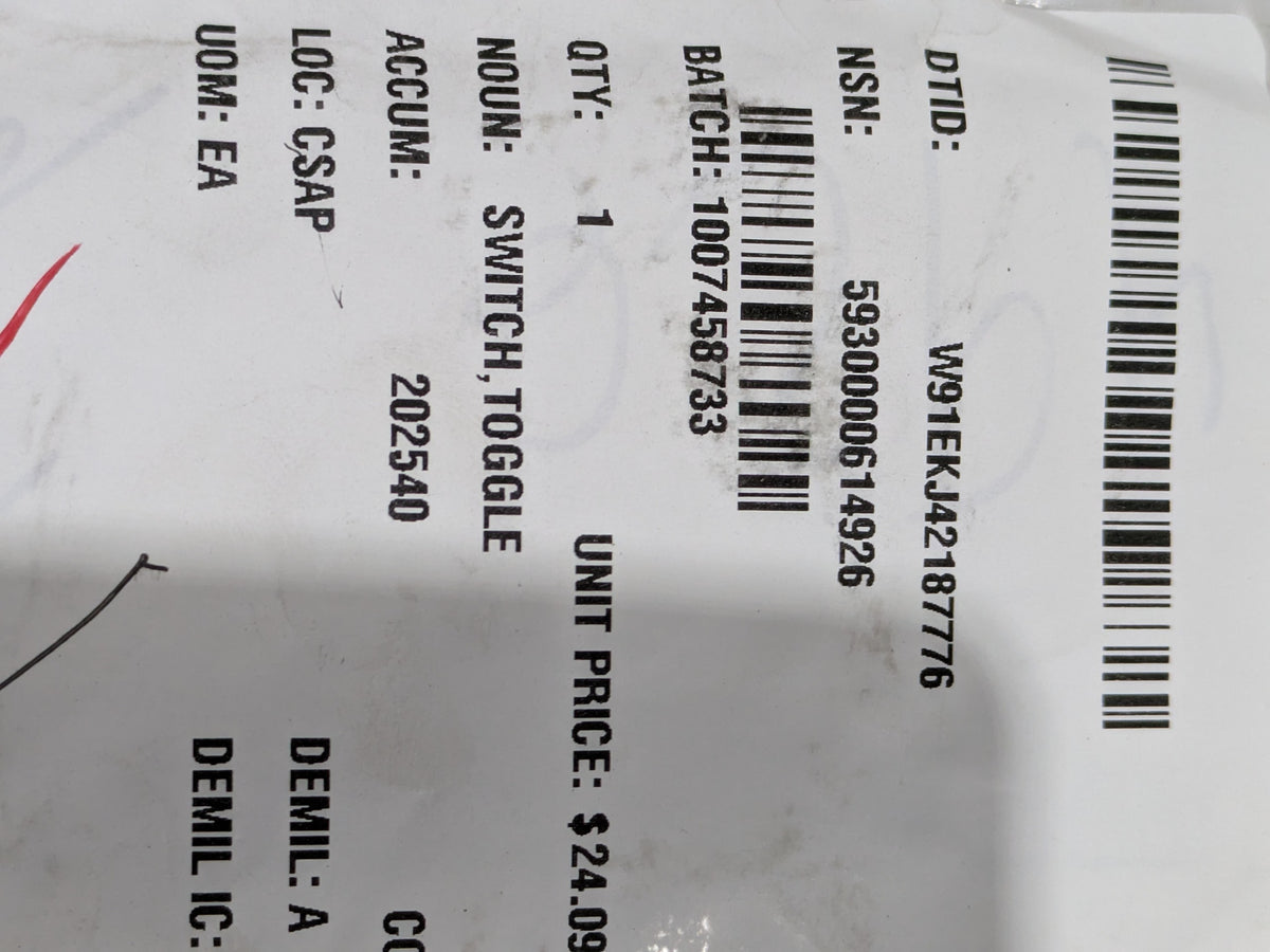 MS24659-27E Toggle Switch - NSN 5930-00-061-4926 - inventory label