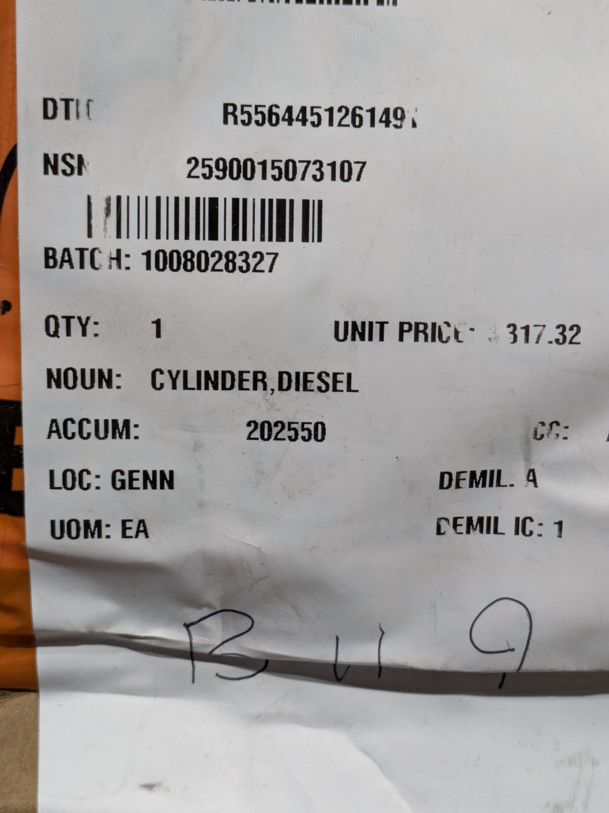 Caterpillar 167-8161 Diesel Cylinder - NSN 2590-01-507-3107 - inventory label