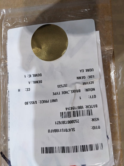 U S Army Tank Automotive Command 8336702 Shoe Type Brake - NSN 2530-00-730-7621 - inventory label