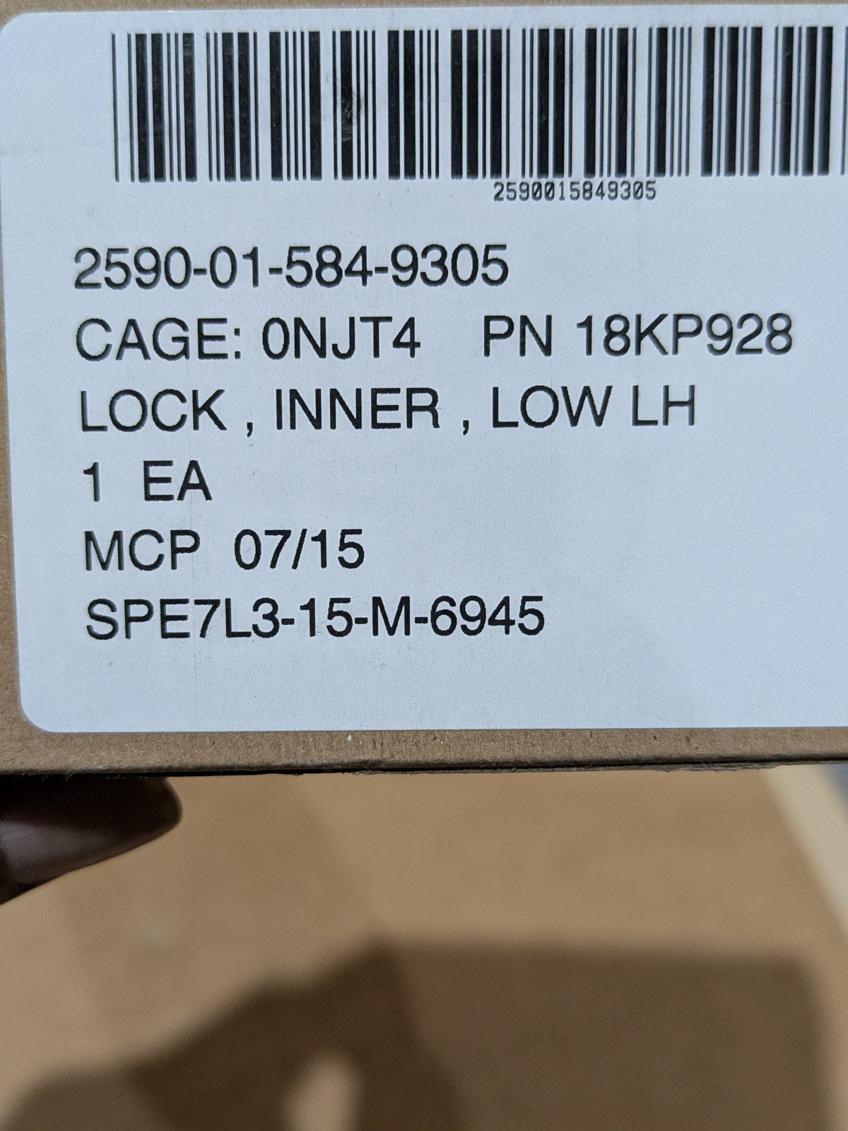Plasan North America 0238040973-00 Lock, Inner, Low, LH - NSN 2590-01-584-9305 - inventory label