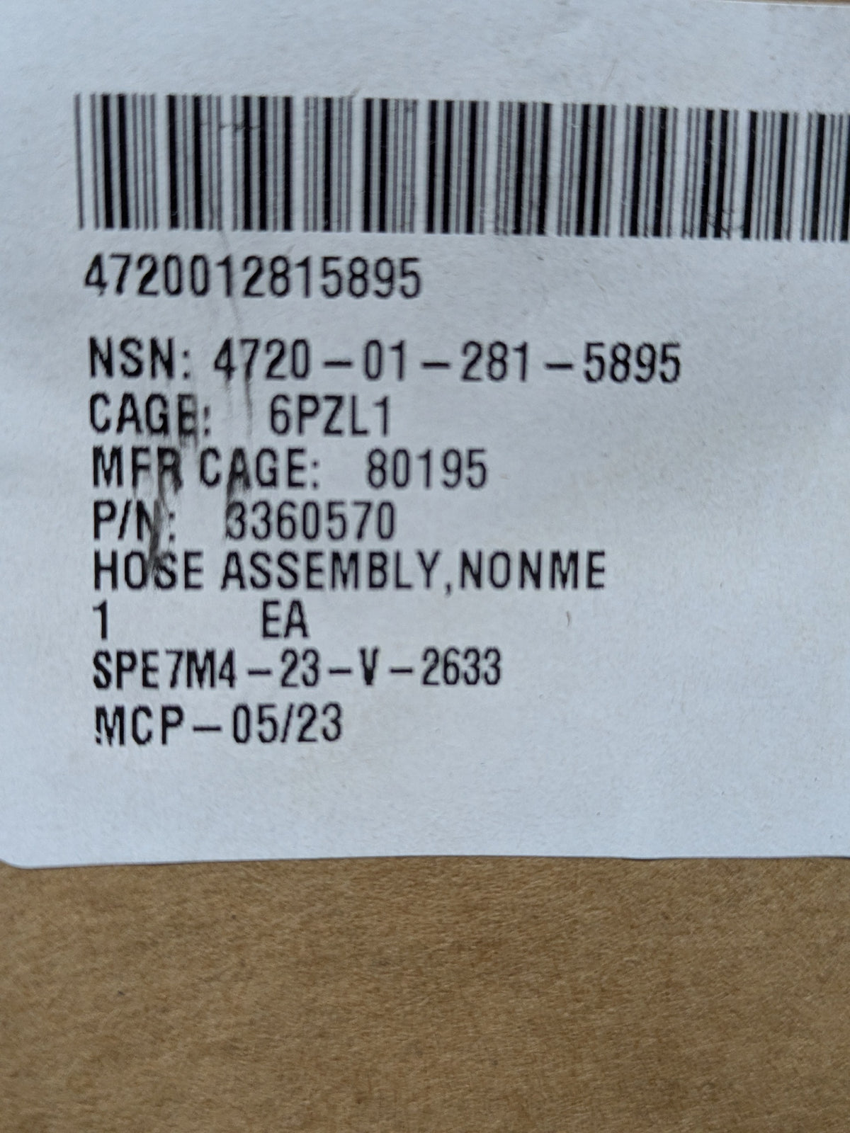 ED Etnyre & Co 3360570 Hose Assembly, Nonmetallic - NSN 4720-01-281-5895 - inventory label