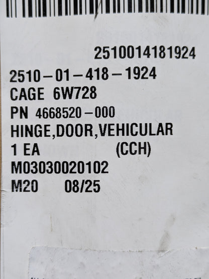 AMZ Alabama Inc. 4668520-000 Vehicular Door Hinge - NSN 2510-01-418-1924 - inventory label