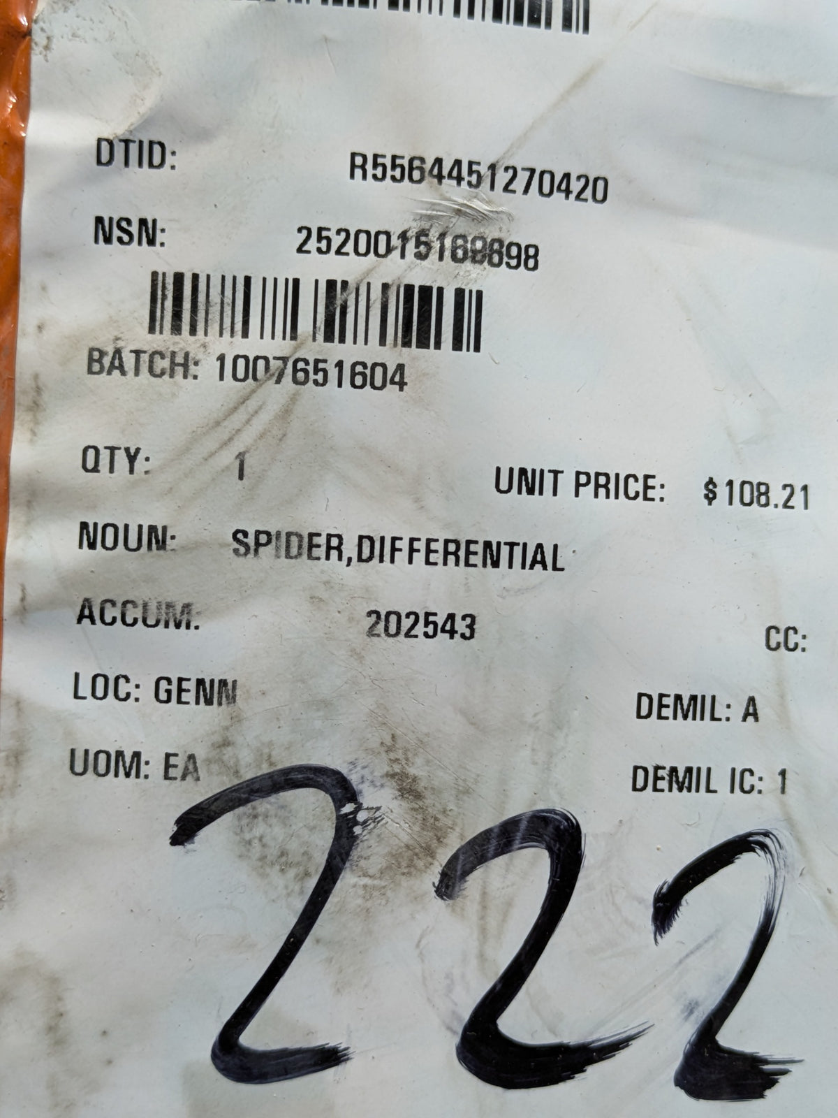 Caterpillar Inc 1934640 Differential Spider - NSN 2520-01-516-9698 - inventory label