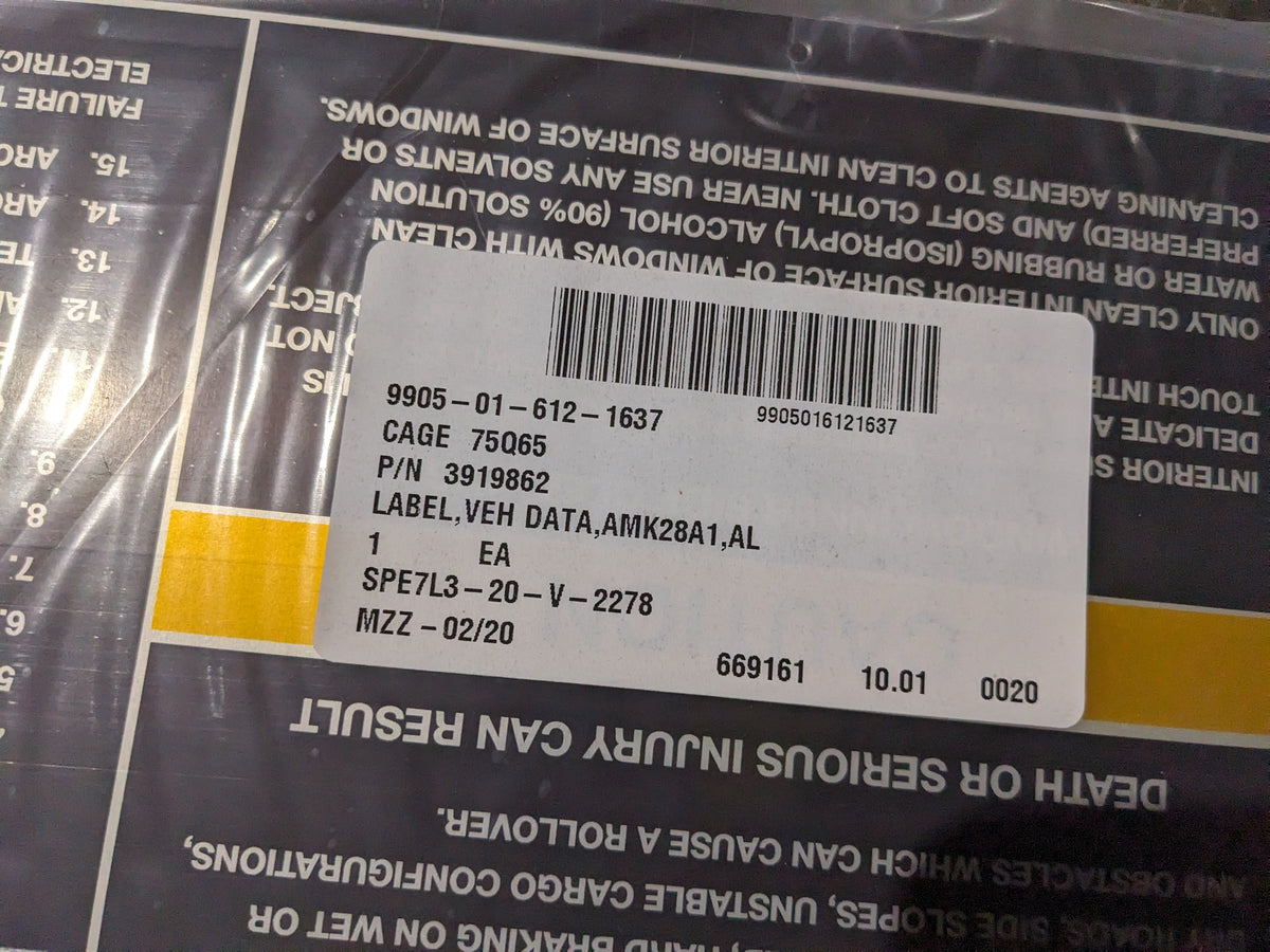 Oshkosh Defense LLC 3919862 Identification Plate - NSN 9905-01-612-1637 - inventory label