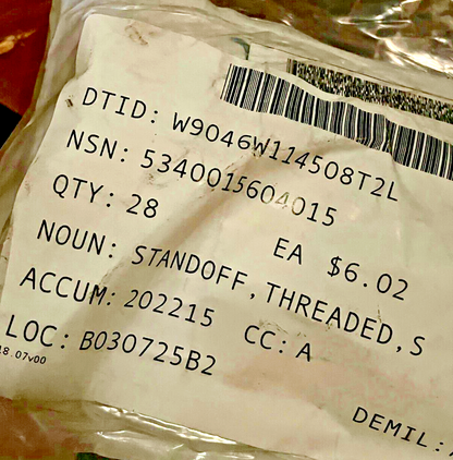 4PK. A3301565 10" L SPACING THREADED STANDOFF 5340015604015 5340-01-560-4015 USA