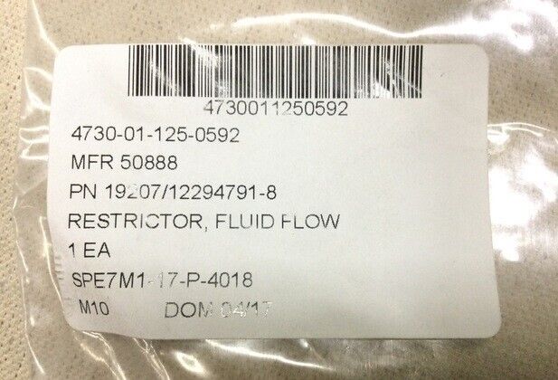 (1) US Military 12294791-8 Fluid Flow Restrictor NSN 4730-01-125-0592 19207