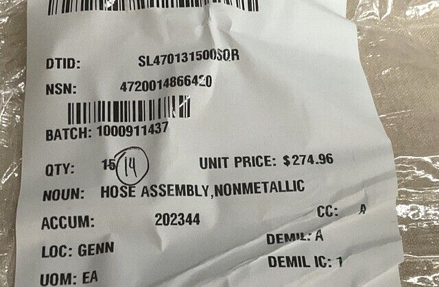 (1EA) CBPS M8E1 TRUCK 17-2-0556-1 NONMETALLIC HOSE ASSEMBLY 4720-01-486-6420