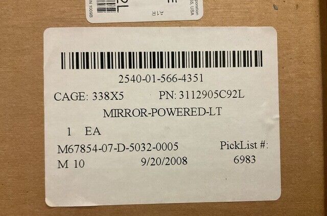 MRAP MAXXPRO M1249 LRIP19 LRIP10 LH MIRROR ASSEMBLY 3112905C92L 2540-01-566-4351