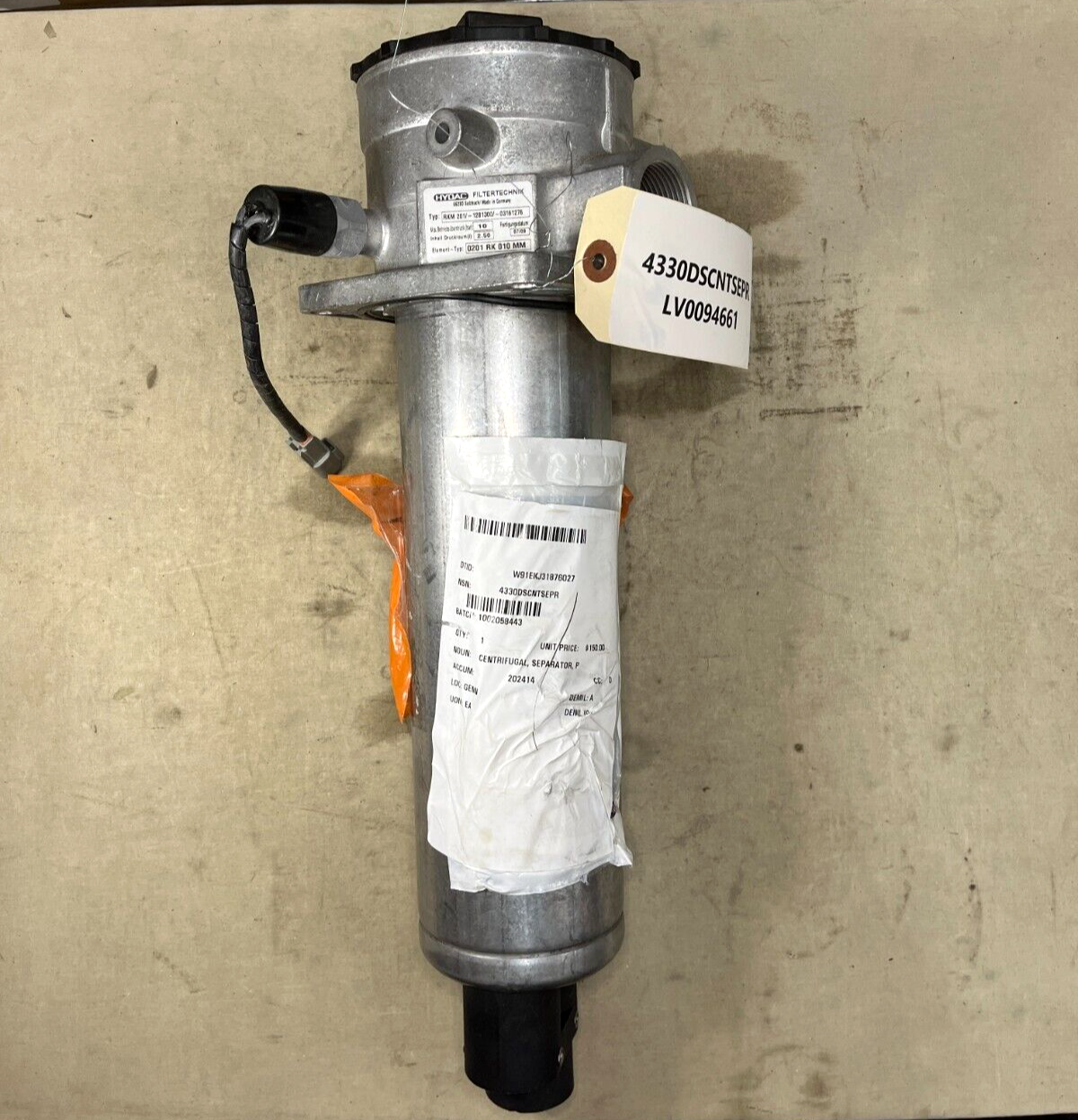 HYDAC CENTRIFUGAL, SEPARATOR PRESSURE 10 BAR PRKM 201 1281300/03161276 NOS USA