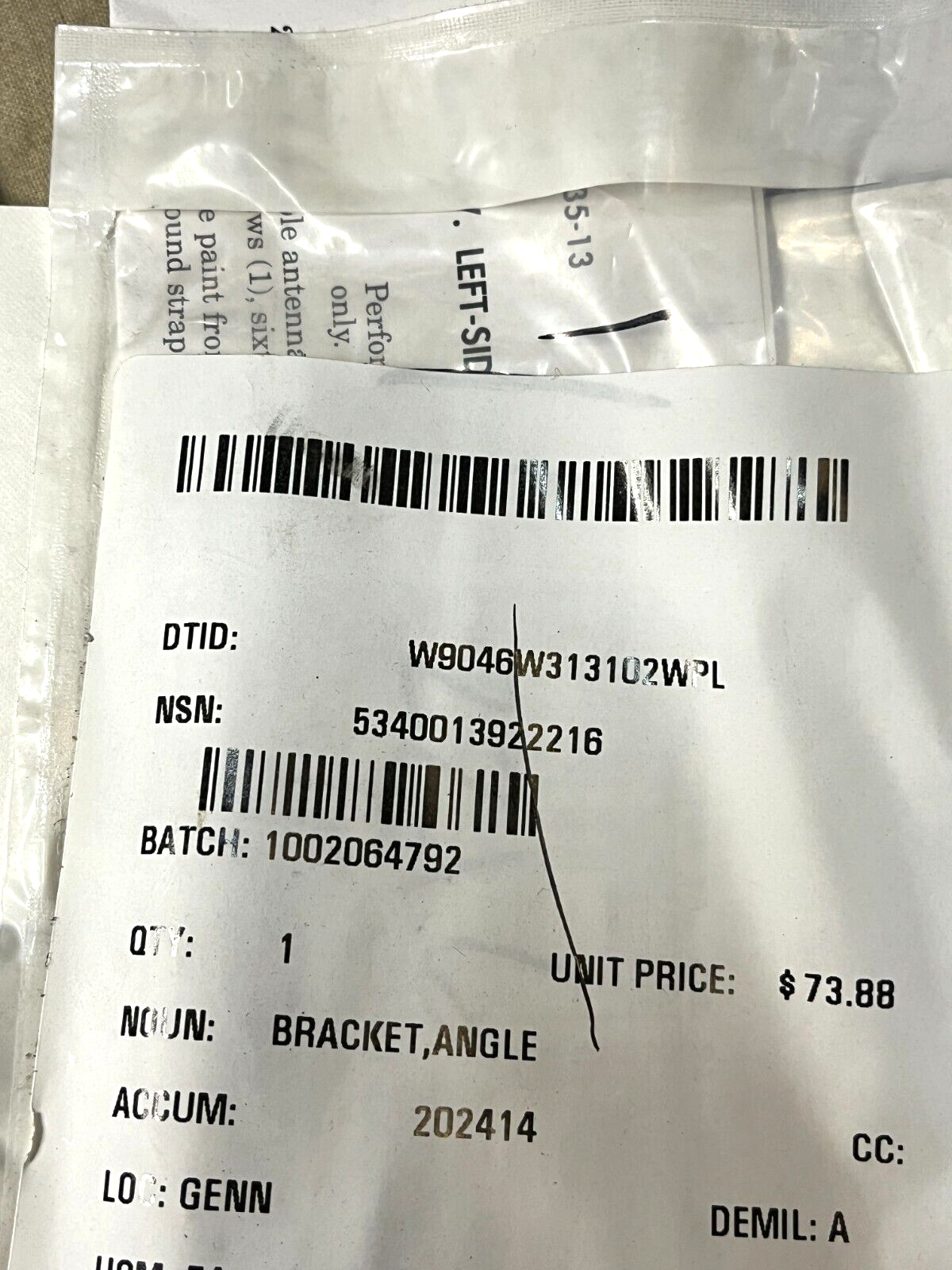 USGI MILITARY A3018372-1 HEAVY DUTY ANGLE BRACKET 5340-01-392-2216 NOS