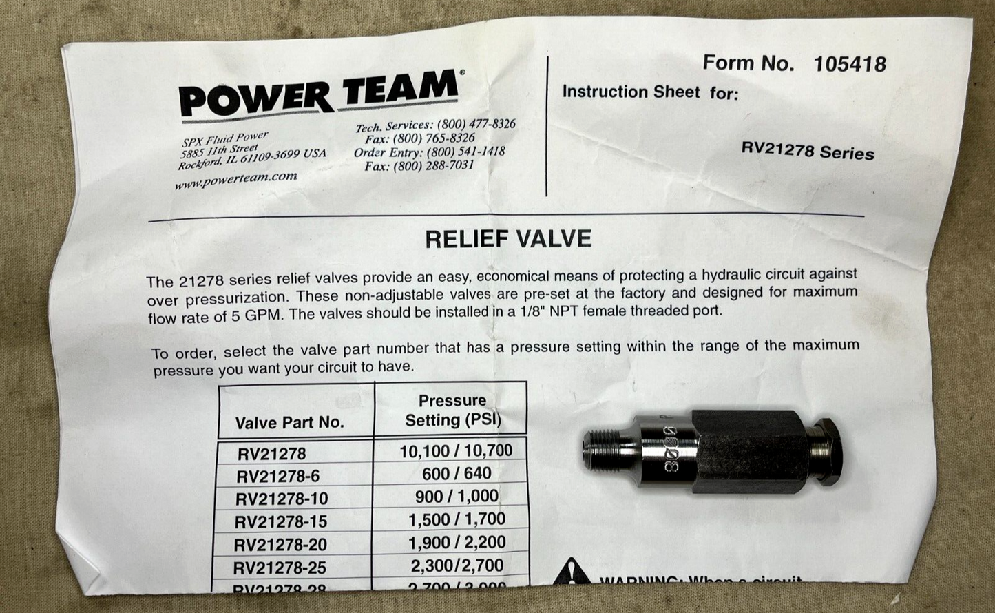 NEW SPX OEM 21278-80 SAFETY RELIEF VALVE 8100/8700 PSI 2127880 4820-01-297-4506
