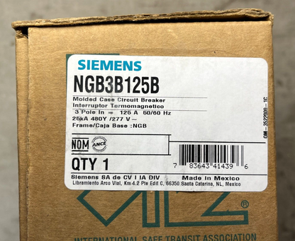 SIEMENS NGB3B125B TYPE NGB 3-POLE 600VAC MAX. 125A MOLDED CASE CIRCUIT BREAKER